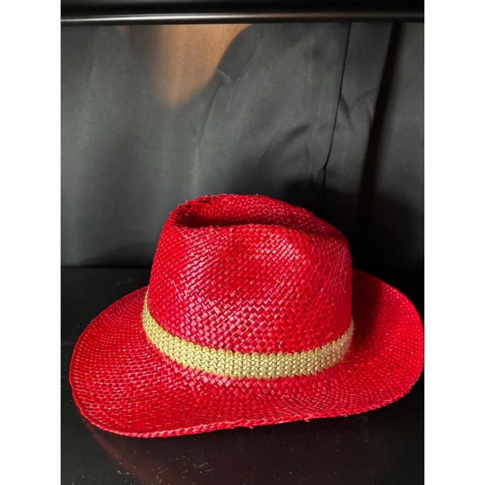Red Straw Cowboy Hat with Woven Band and Feather Accent Western Style Fedora